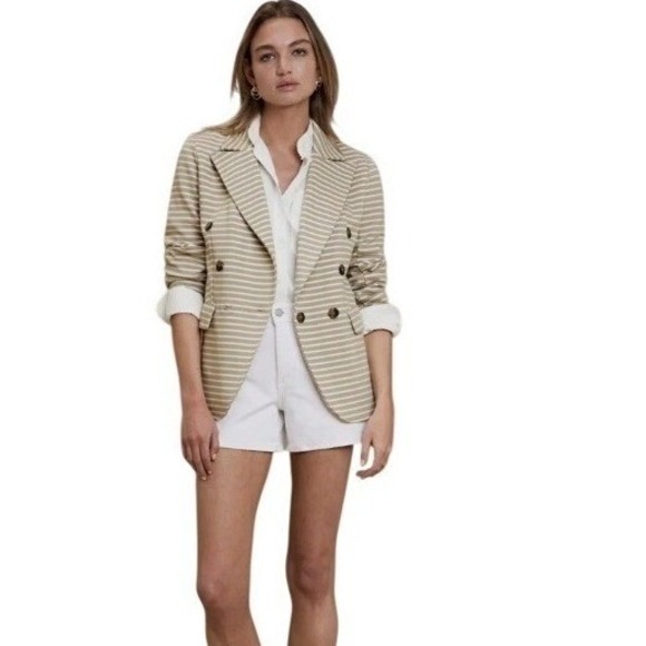 Banana Republic Jackets & Blazers - Banana Republic Striped Double Breasted Knit Blazer Women XXS Tan White Chic NWT